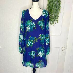 LOTS OF LOVE by SPEECHLESS ~ Blue Floral Shift Dress with Sheer Sleeves ~ Sz M